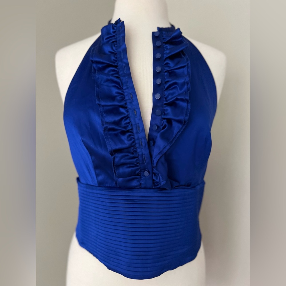 Open Back Silk Halter Top Shirt Designer Elegant Backless Blue Shirt Womens 6 M